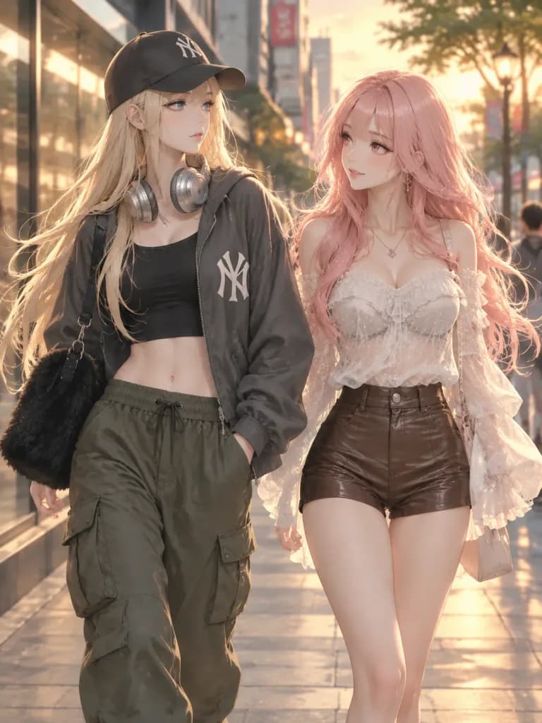 สาวอนิเมะสุดชิคบนถนนในเมืองช่วงแสงสีทอง