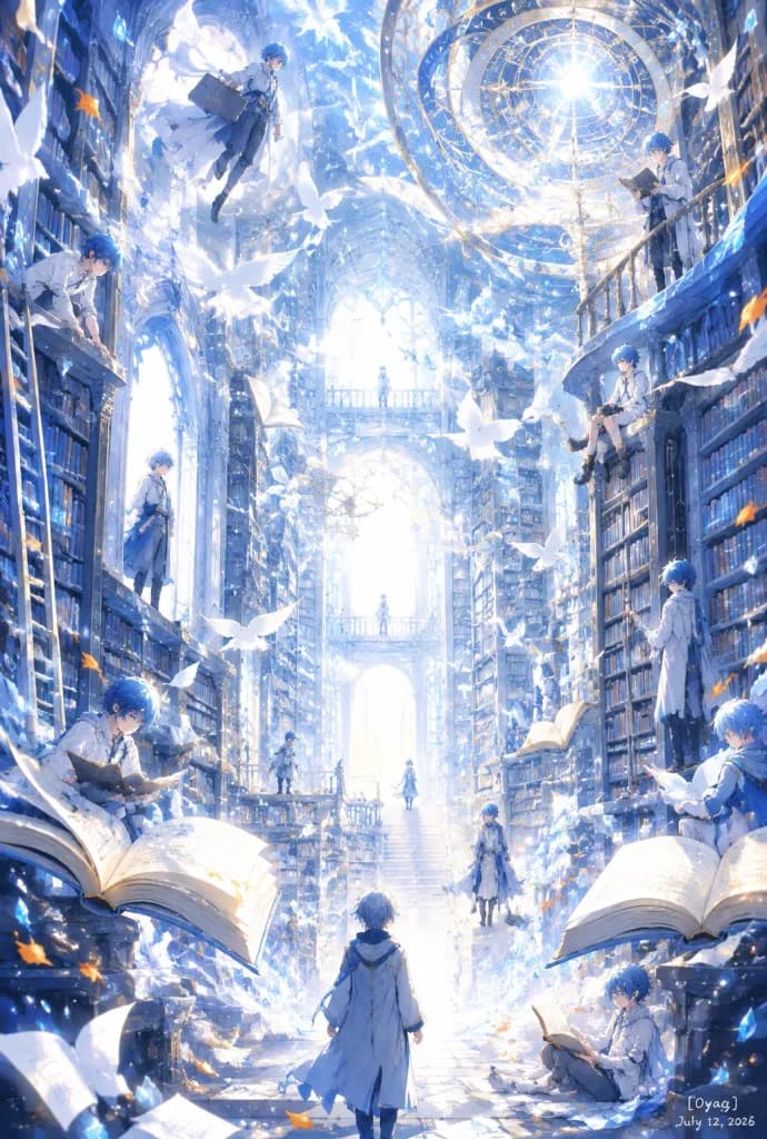 流光溢彩的奇幻藍色圖書館中庭