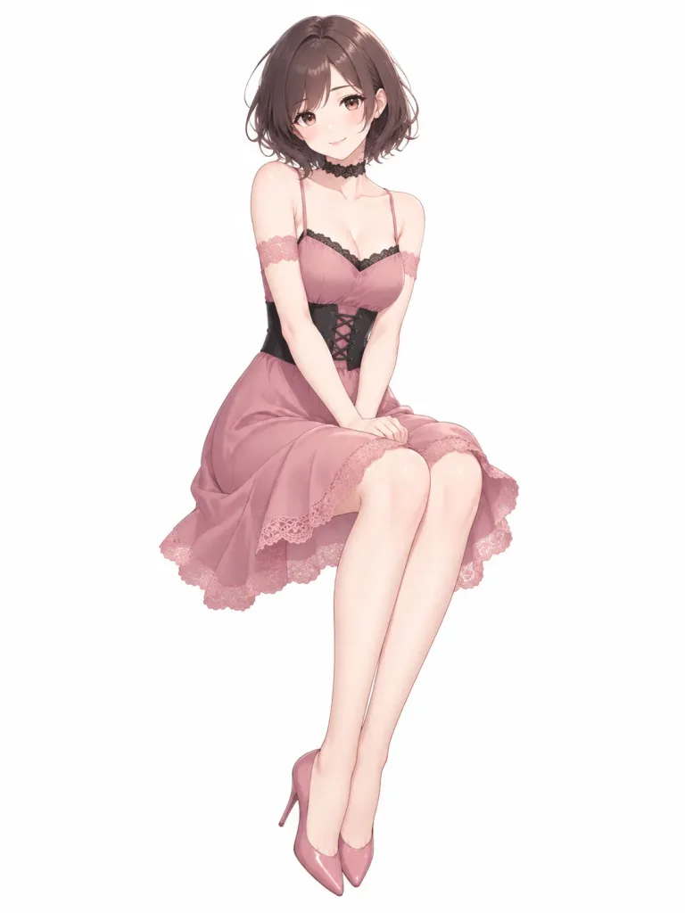 粉裙端坐動漫女性