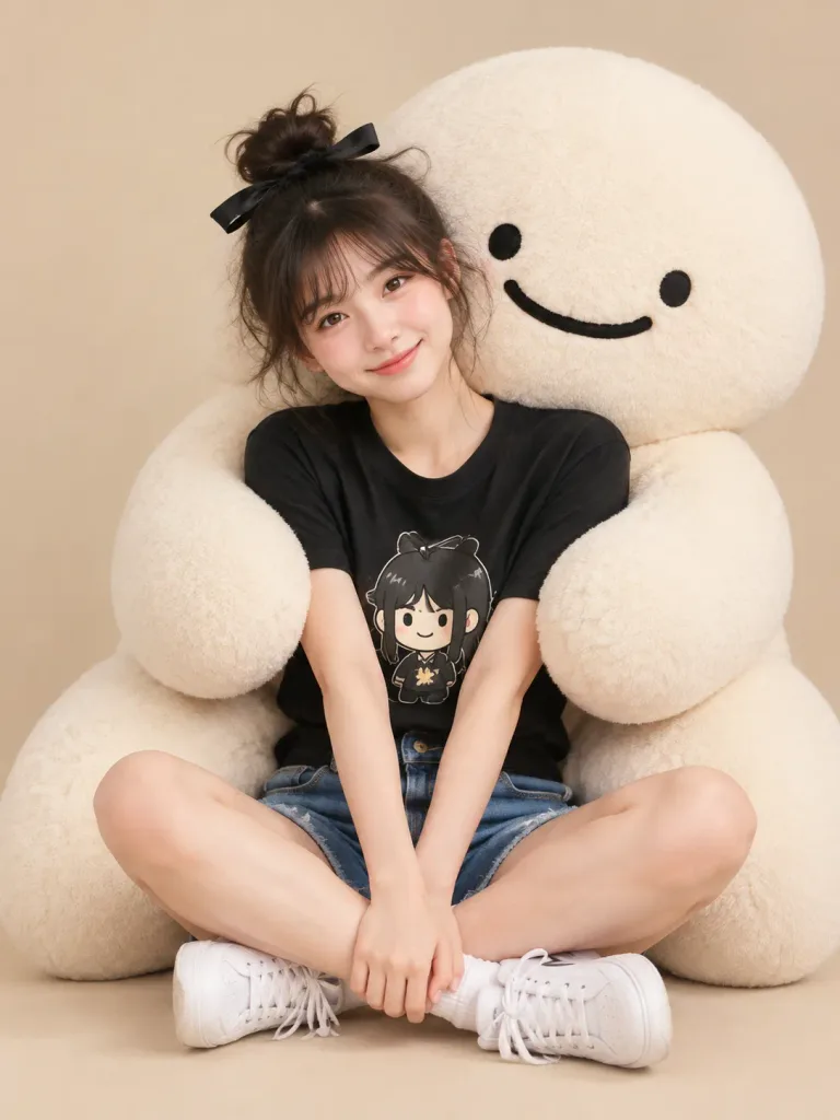 거대 인형에게 안긴 스튜디오 인물 사진