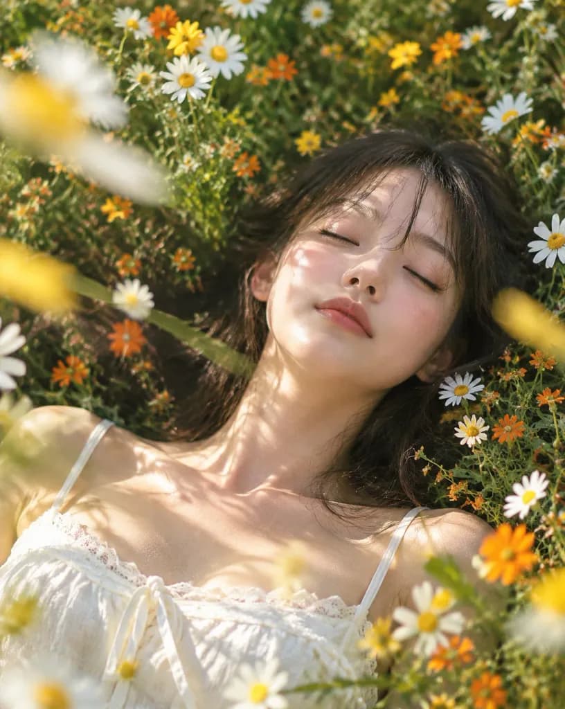 Woman Resting in Summer Flower Field