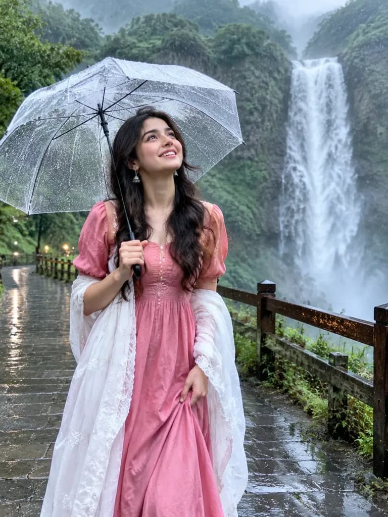 Woman in Pink Lehenga by Waterfall