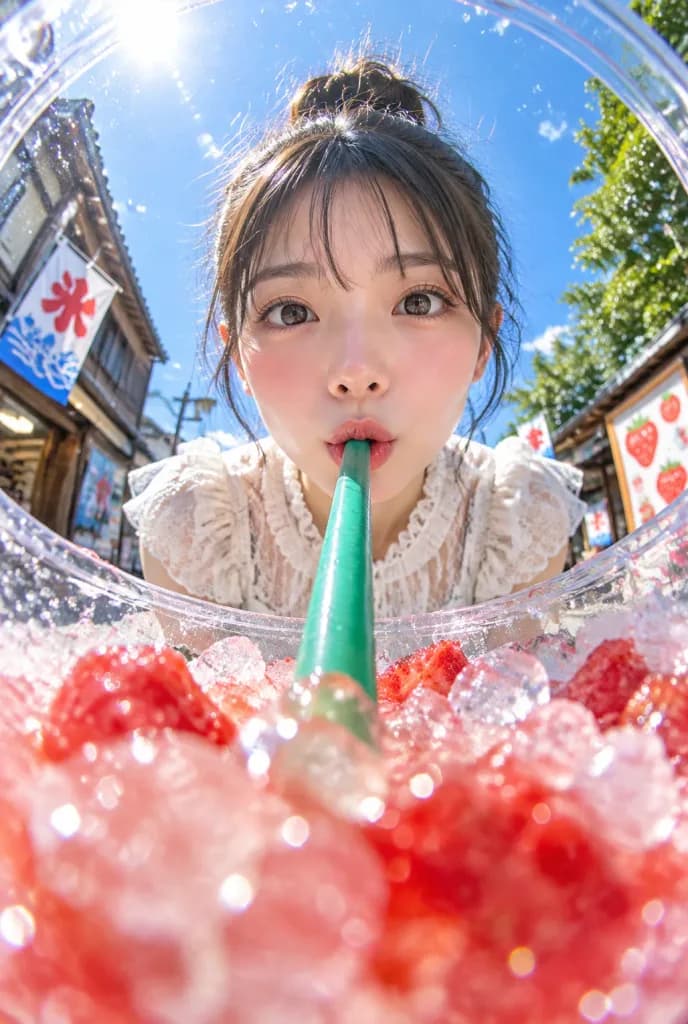 かき氷カップの中から見上げる魚眼ショット