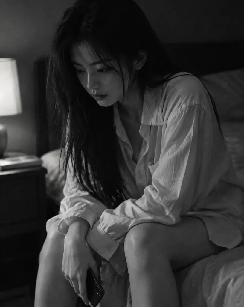 Moody Black and White Bedside Portrait