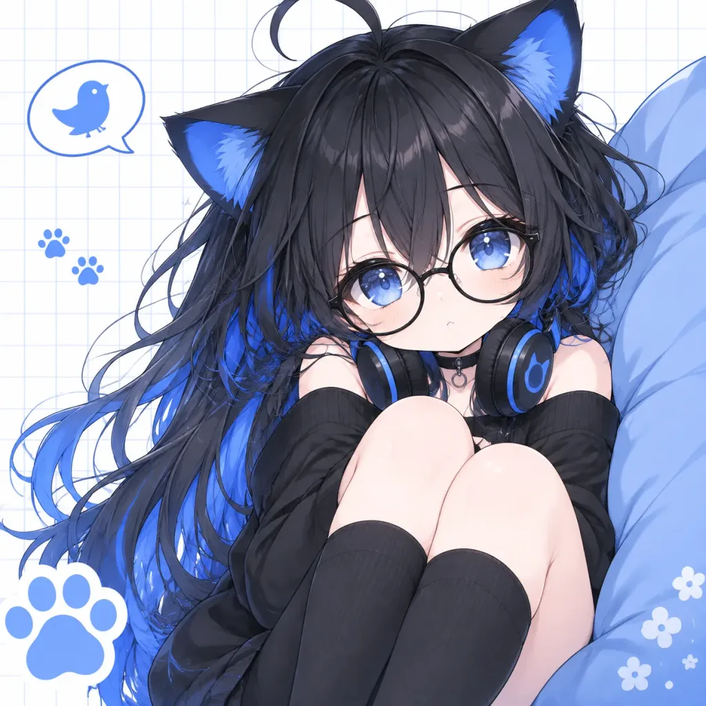 안경과 헤드폰을 쓴 치비 고양이 소녀