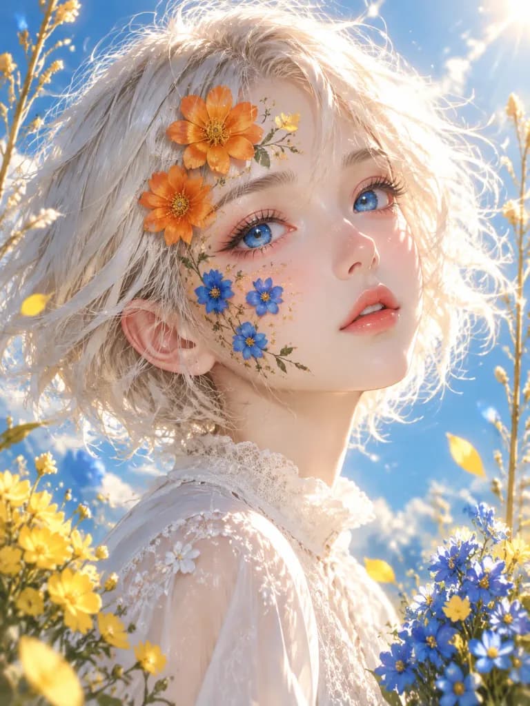 花ペイントを施したアニメ風ポートレート