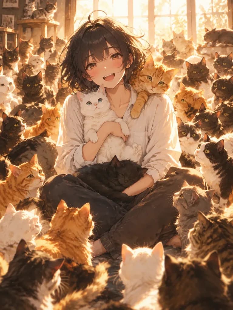 猫たちに囲まれたアニメの女性