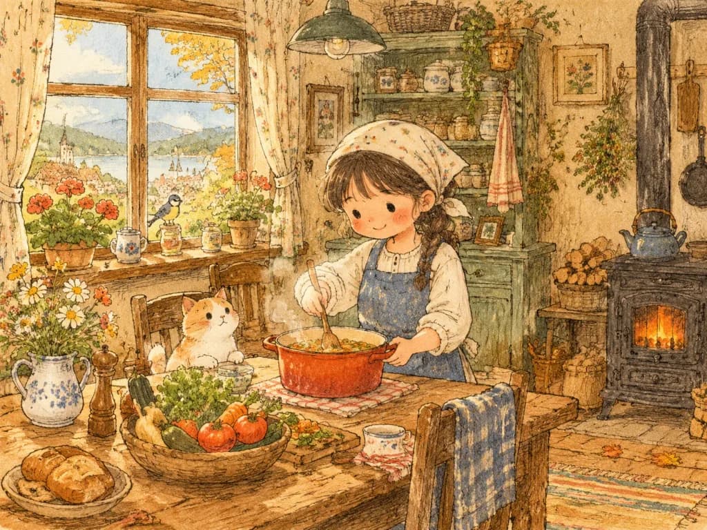 复古绘本水彩日常场景