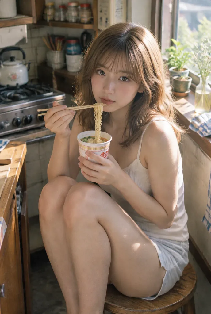 夏の台所とカップ麺のフィルムポートレート