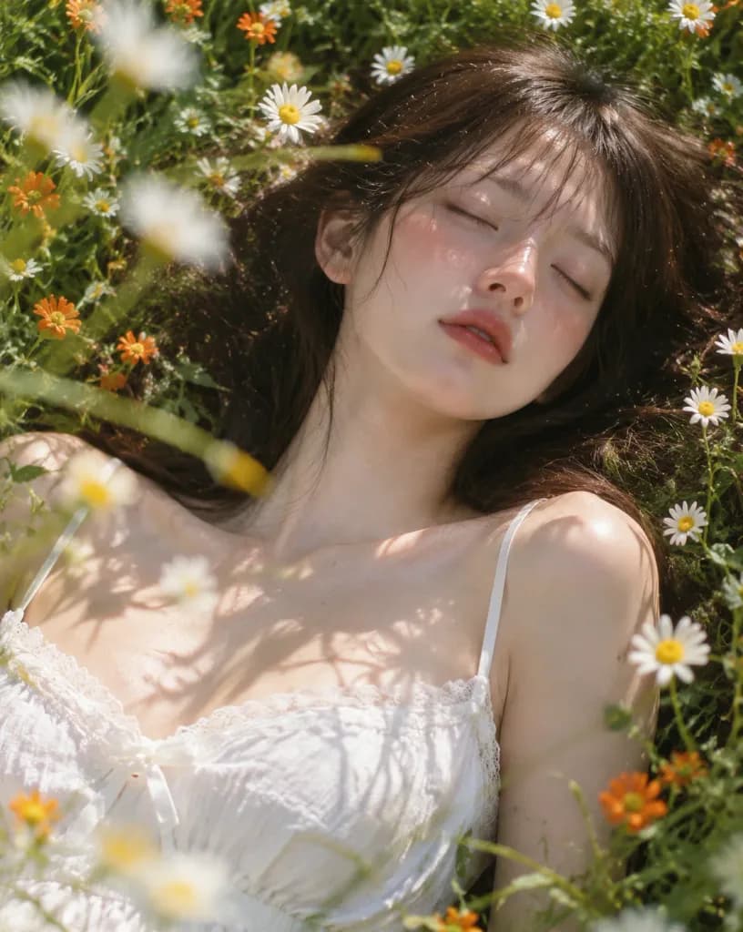 Woman Resting in a Summer Flower Meadow