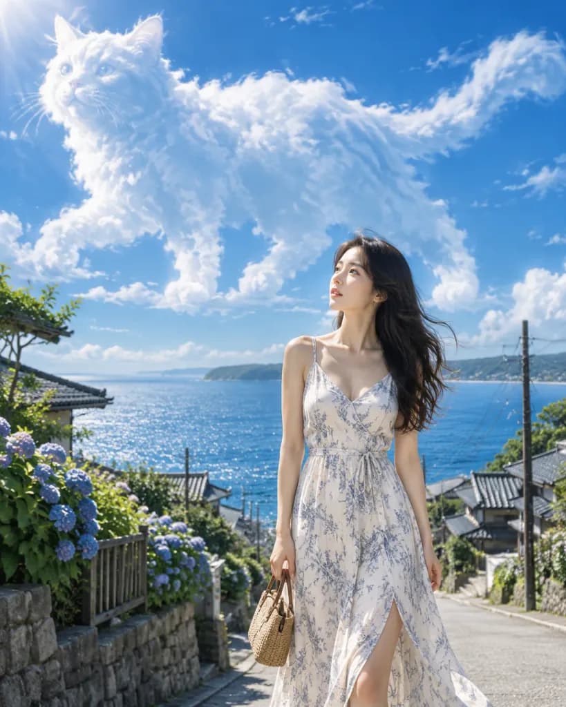 여름 바닷가 언덕길과 거대 고양이 구름