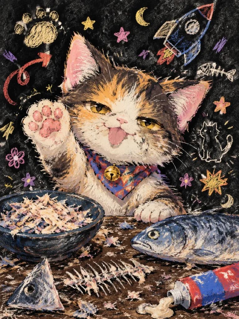黒板風の子猫とお魚ごちそうイラスト