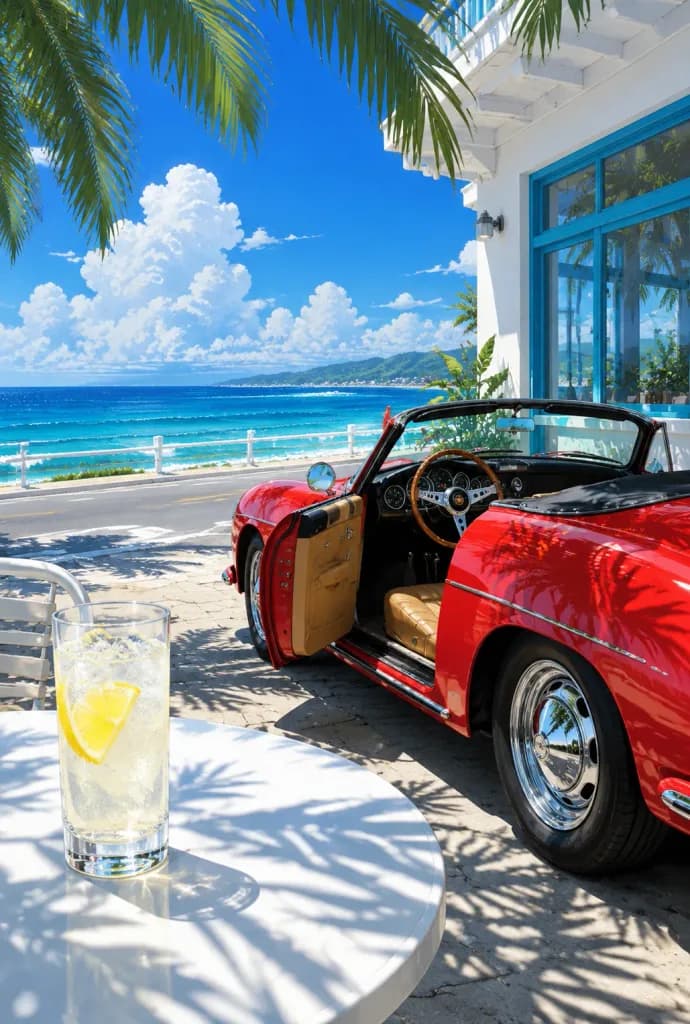 夏の海岸リゾートとスポーツカー