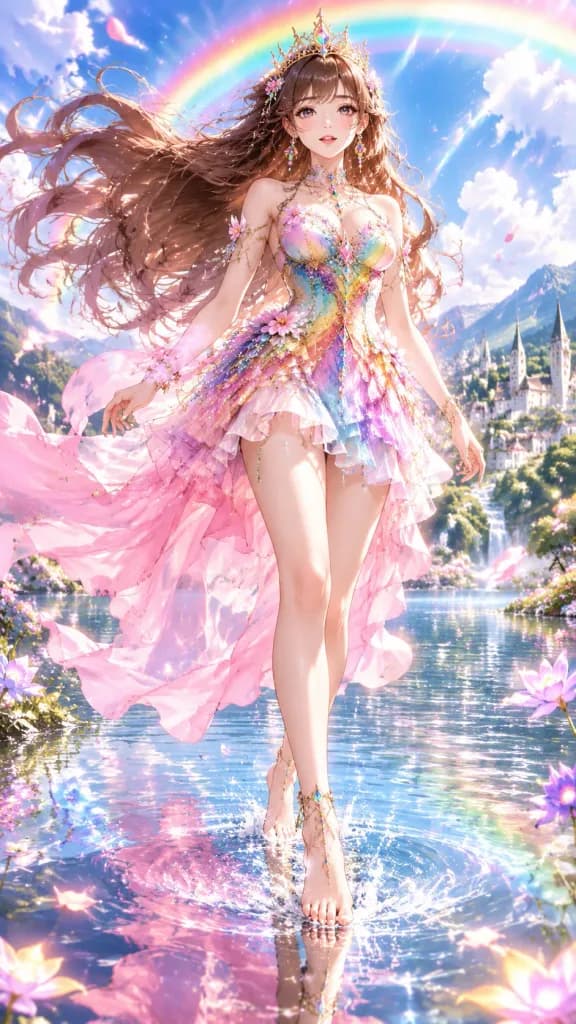 Rainbow Princess Walking on Magical Lake