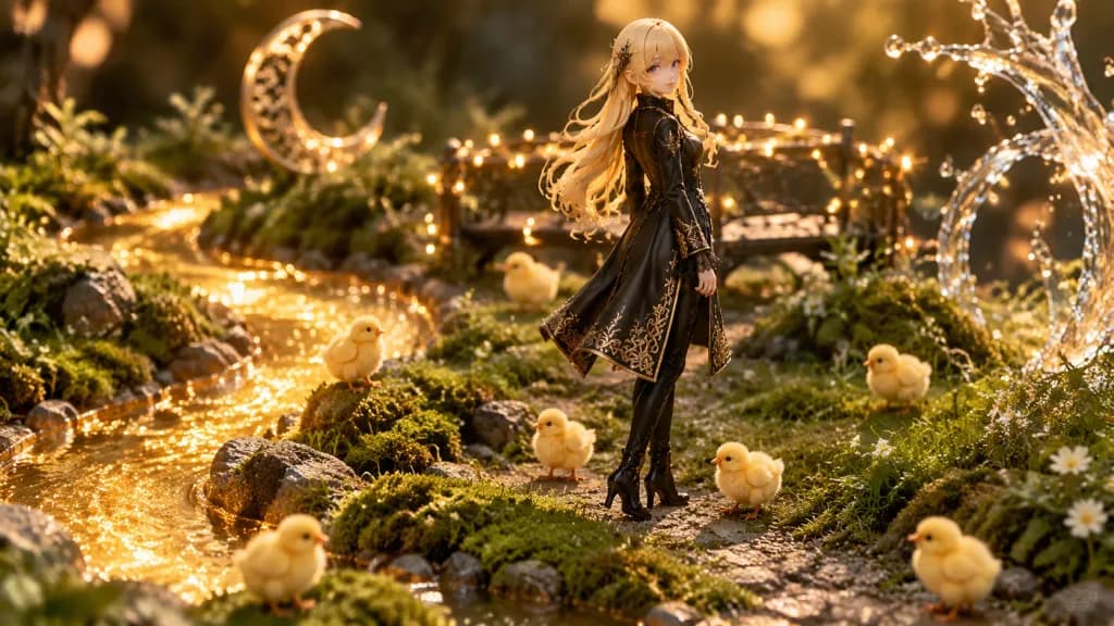 Golden Glowing Diorama with Anime Maiden