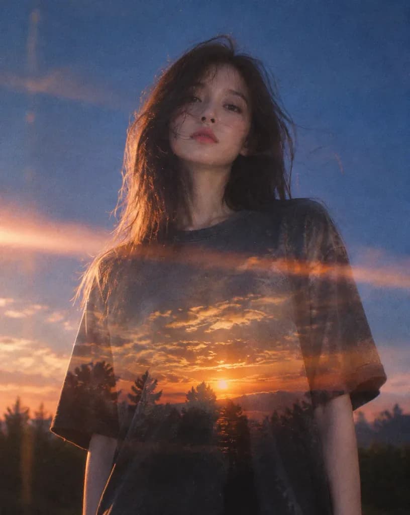 블루 아워 이중 노출 아날로그 인물 사진