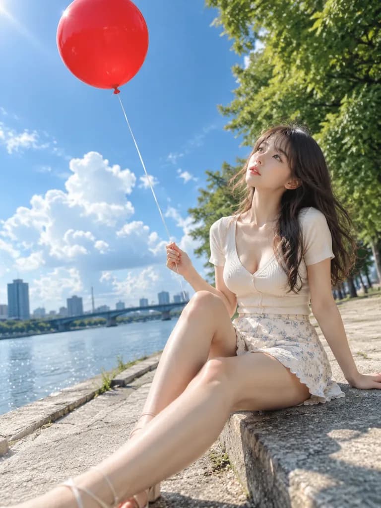 Summer Riverbank Portrait with Red Balloon