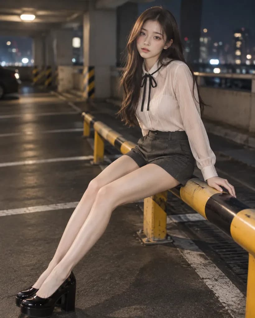 夜間駐車場のファッションポートレート
