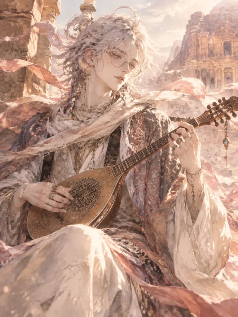 Wandering Musician in Ancient Desert Ruins