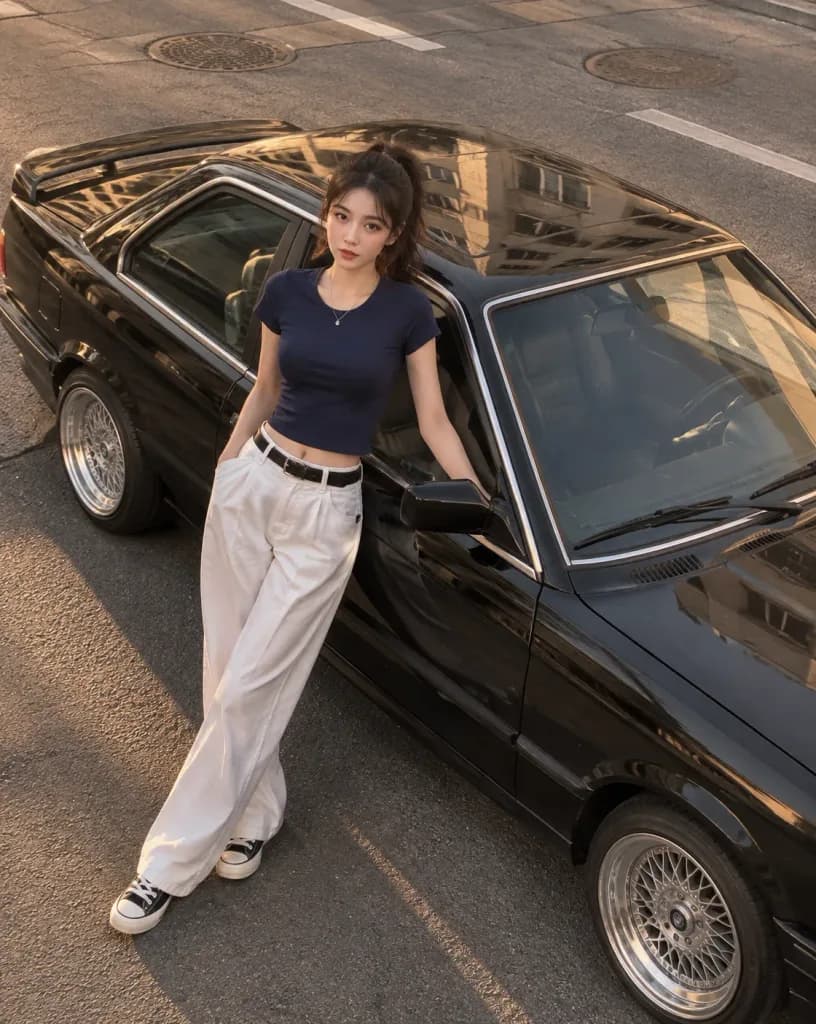 ゴールデンアワーの車とポートレート