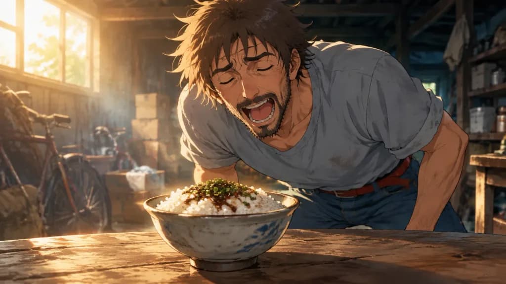 Hungry Man Breakfast in Sunlit Garage