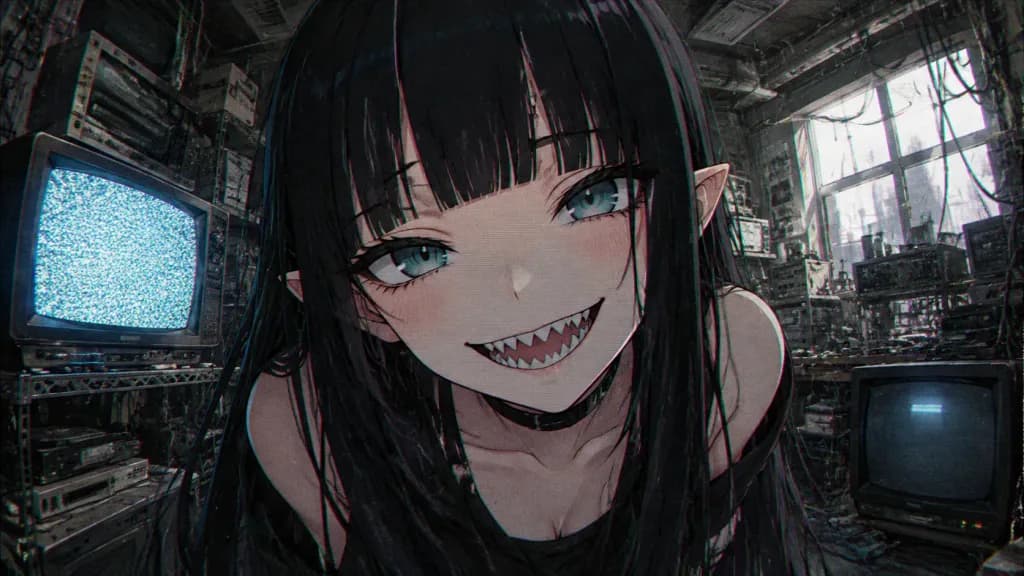 Retro Anime Gothic Girl in CRT Studio