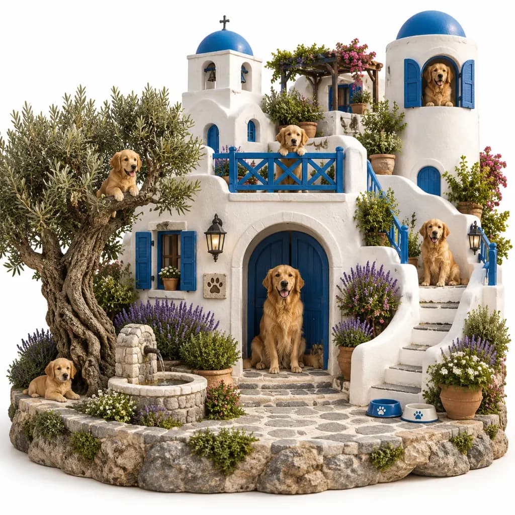 Santorini-Insel-Diorama mit Golden Retrievern