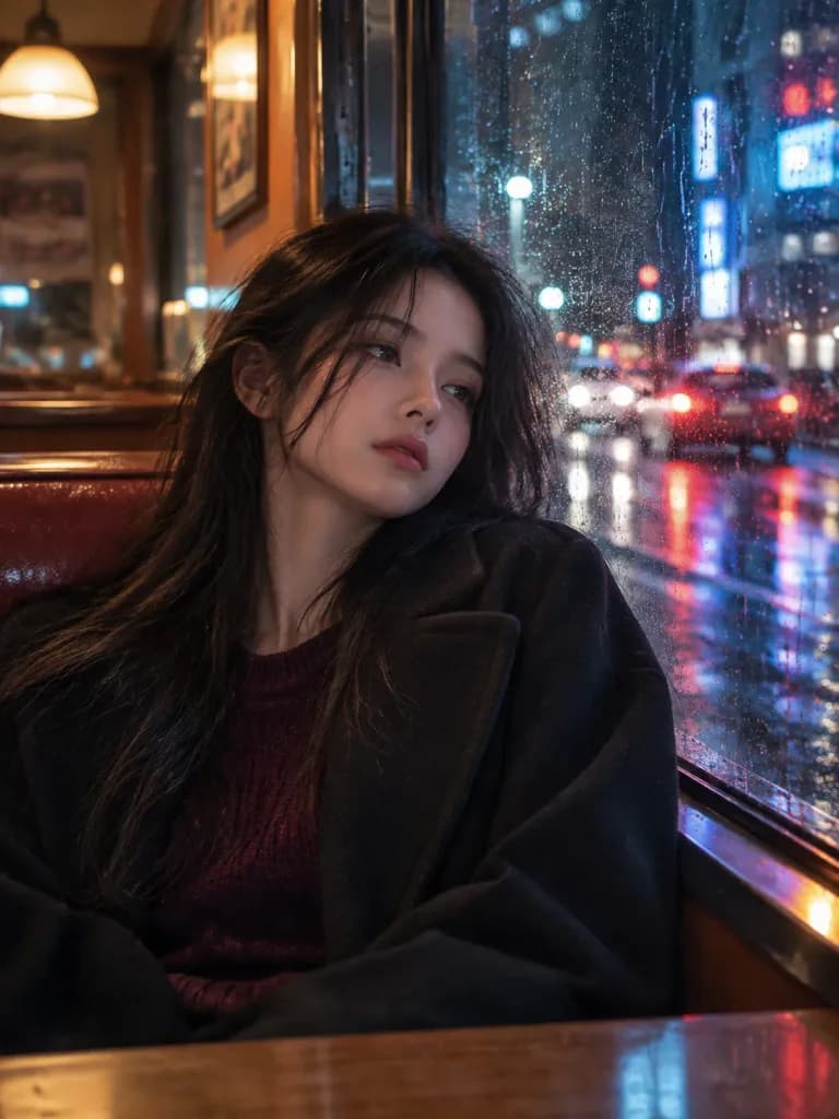 비 내리는 밤 식당 창가 인물 사진
