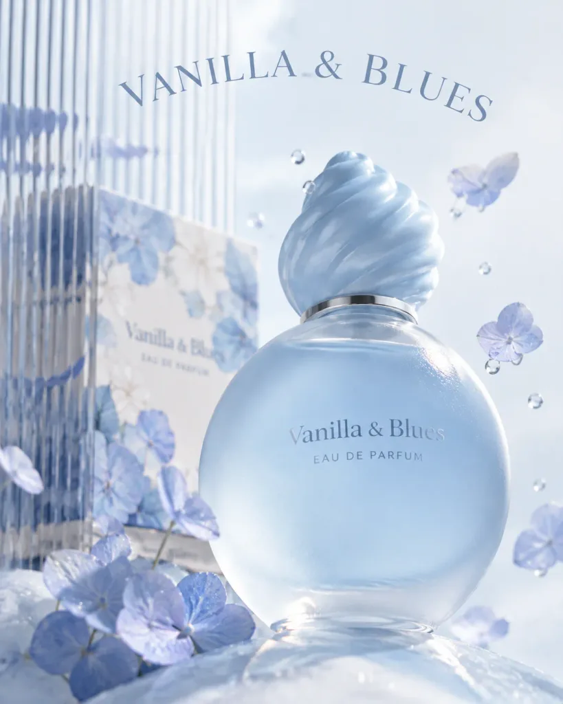 Frosted Sky-Blue Perfume Editorial Ad