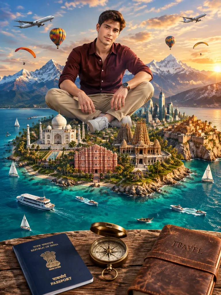Giant Traveler Over Miniature India Island