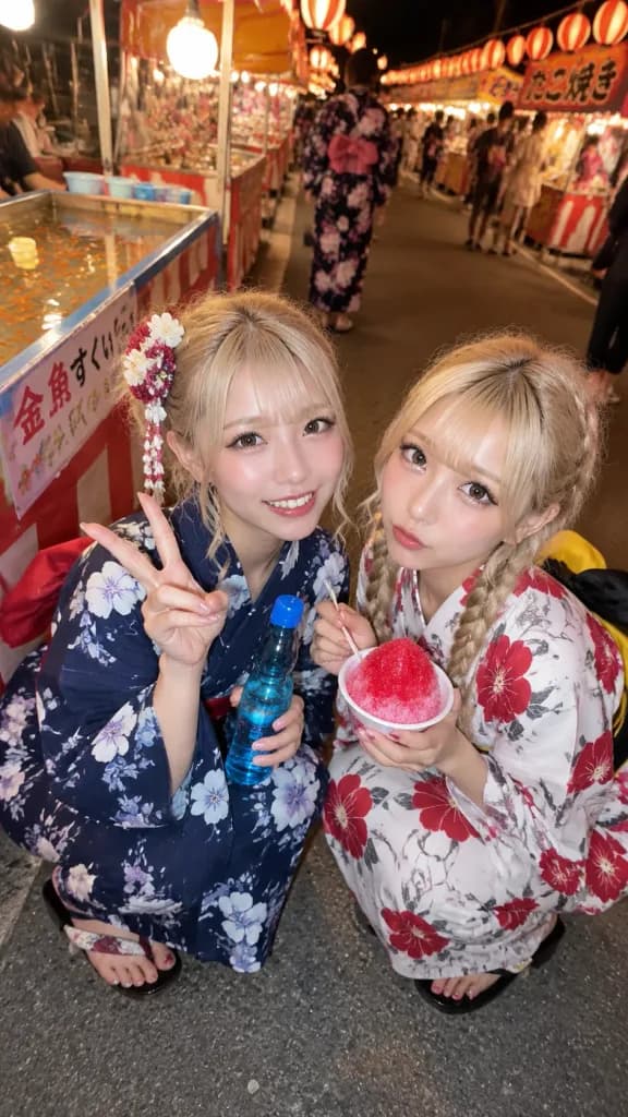 Freundinnen im Yukata beim Sommerfest