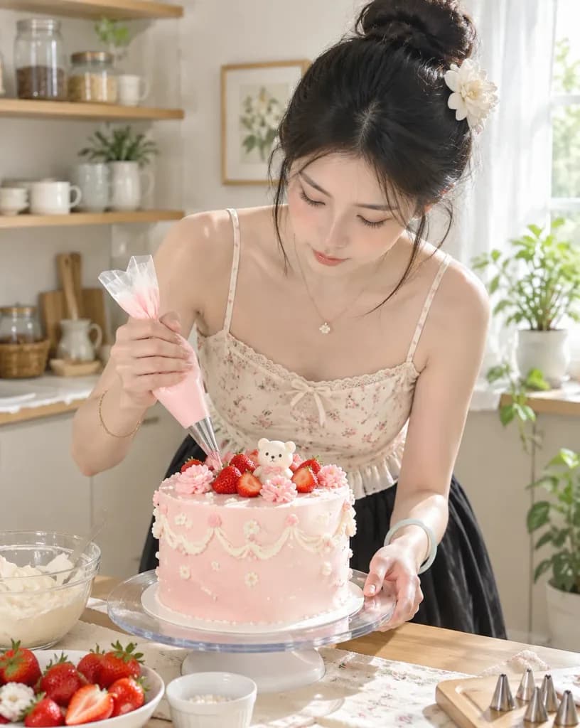 Woman Decorating a Strawberry Bear Cake