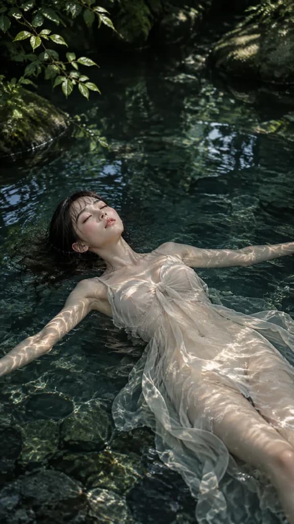 森の池に浮かぶ女性