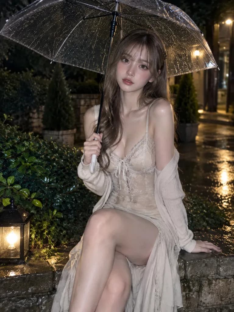 Rainy Night Transparent Umbrella Portrait