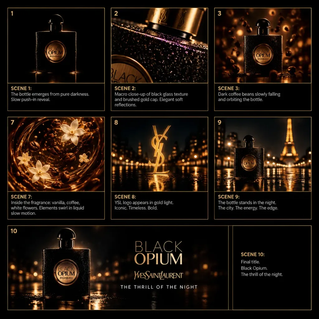 Planche Contact de Storyboard pour Parfum de Luxe