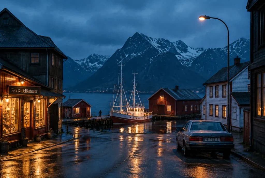 Rainy Harbor Village at Blue Hour