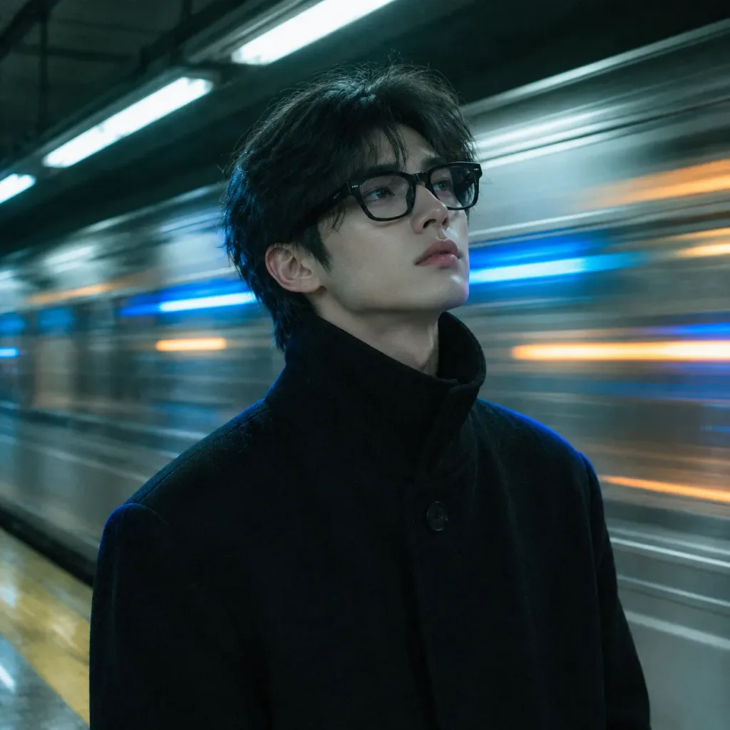 地下鉄ホームのメランコリックな映画風ポートレート