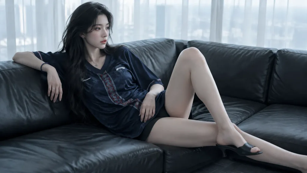 가죽 소파 위의 시네마틱 패션 포트레이트