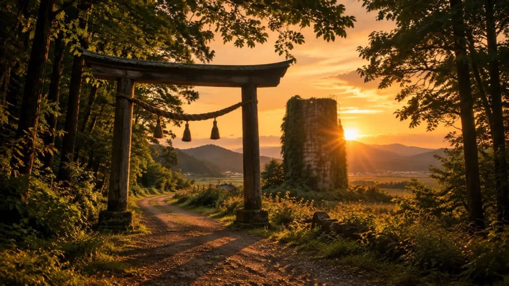 夕暮れの森の鳥居参道