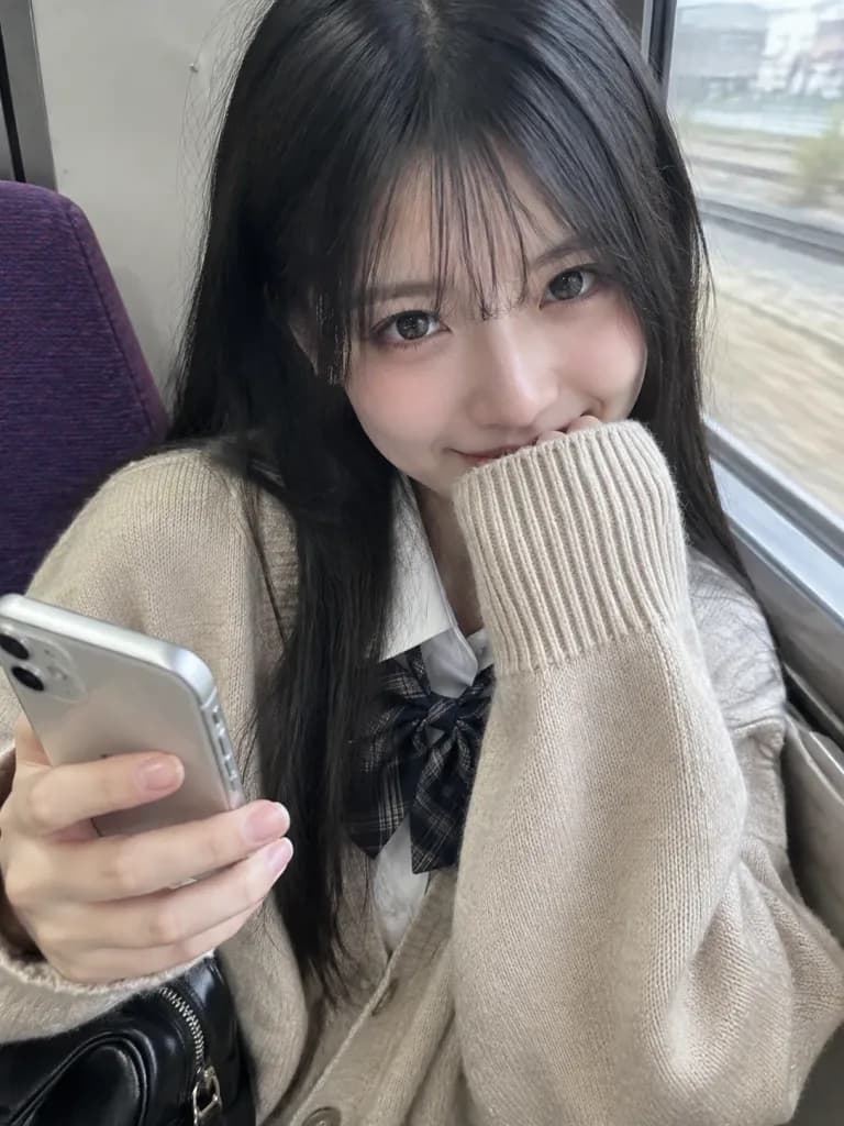 電車内のスマートフォン風スナップ肖像