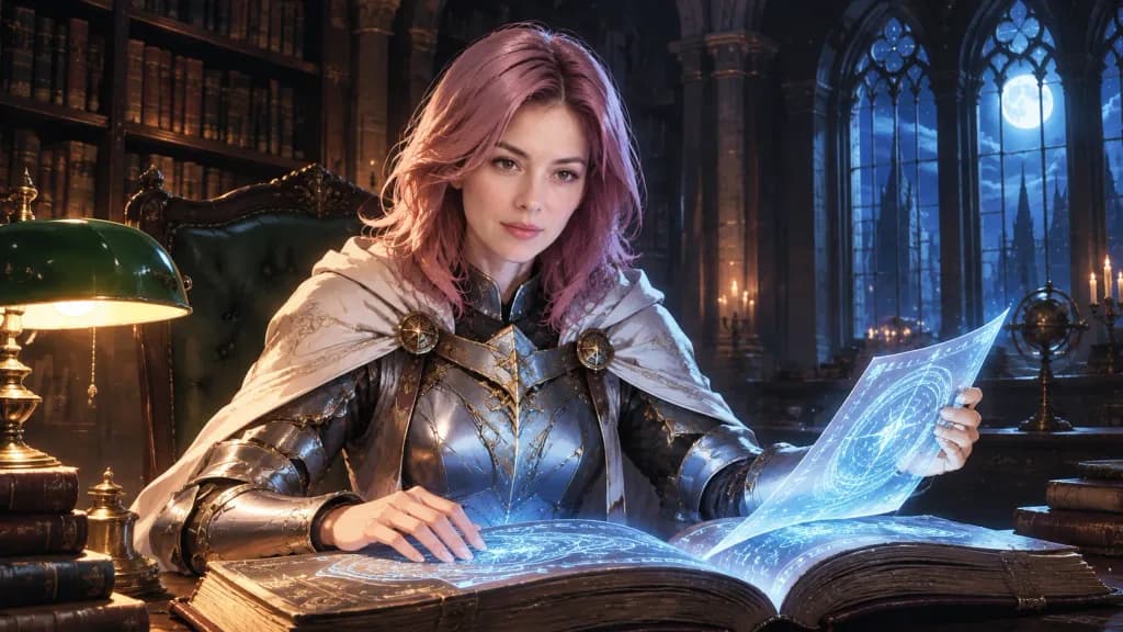 Anime Knight Studying in Gothic Library