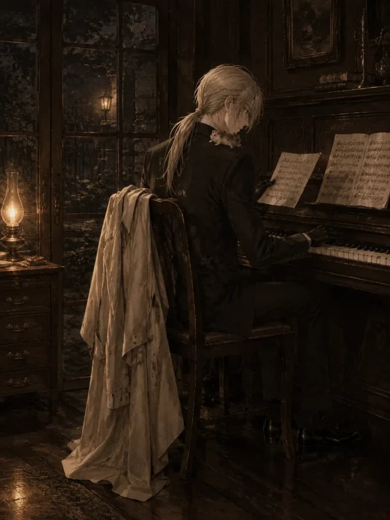 Sepia Anime Pianist in Vintage Room