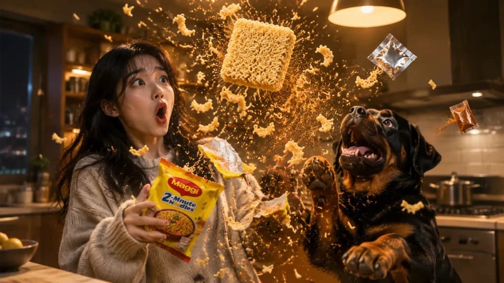爆発するインスタントラーメンとキッチンの騒動