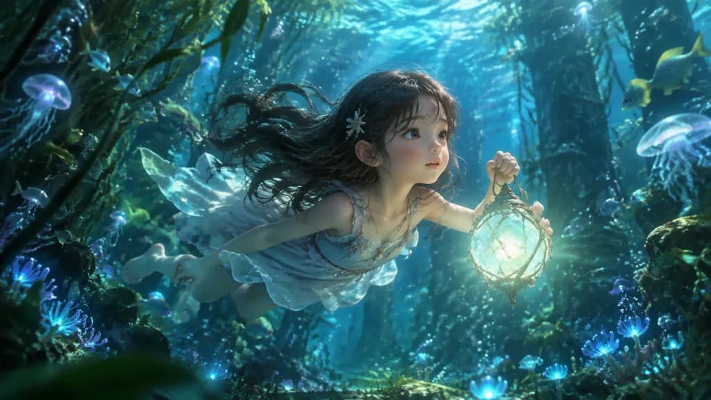 水槽の森を探検する少女
