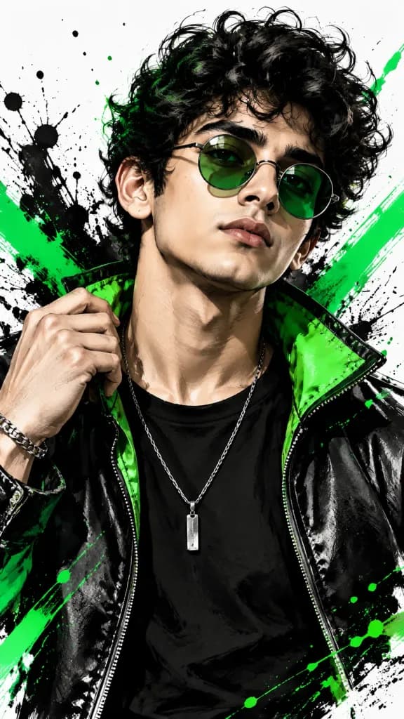Monochrome Ink Fashion Portrait with Emerald Accents
