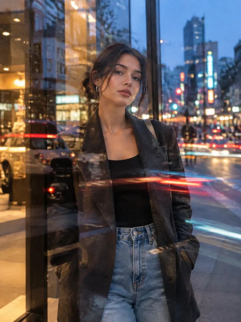Storefront Glass Reflection Fashion Portrait