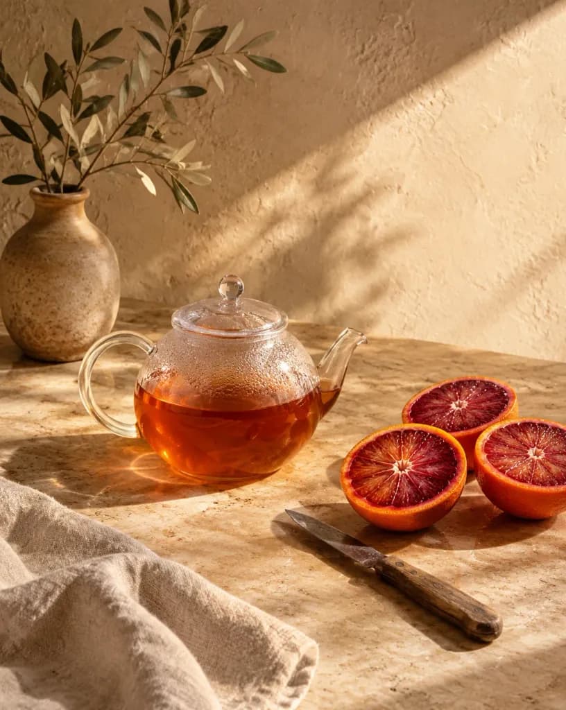 Sunlit Glass Teapot and Blood Oranges