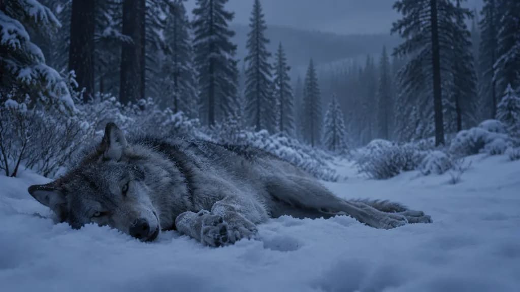 Fallen Wolf in Winter Forest