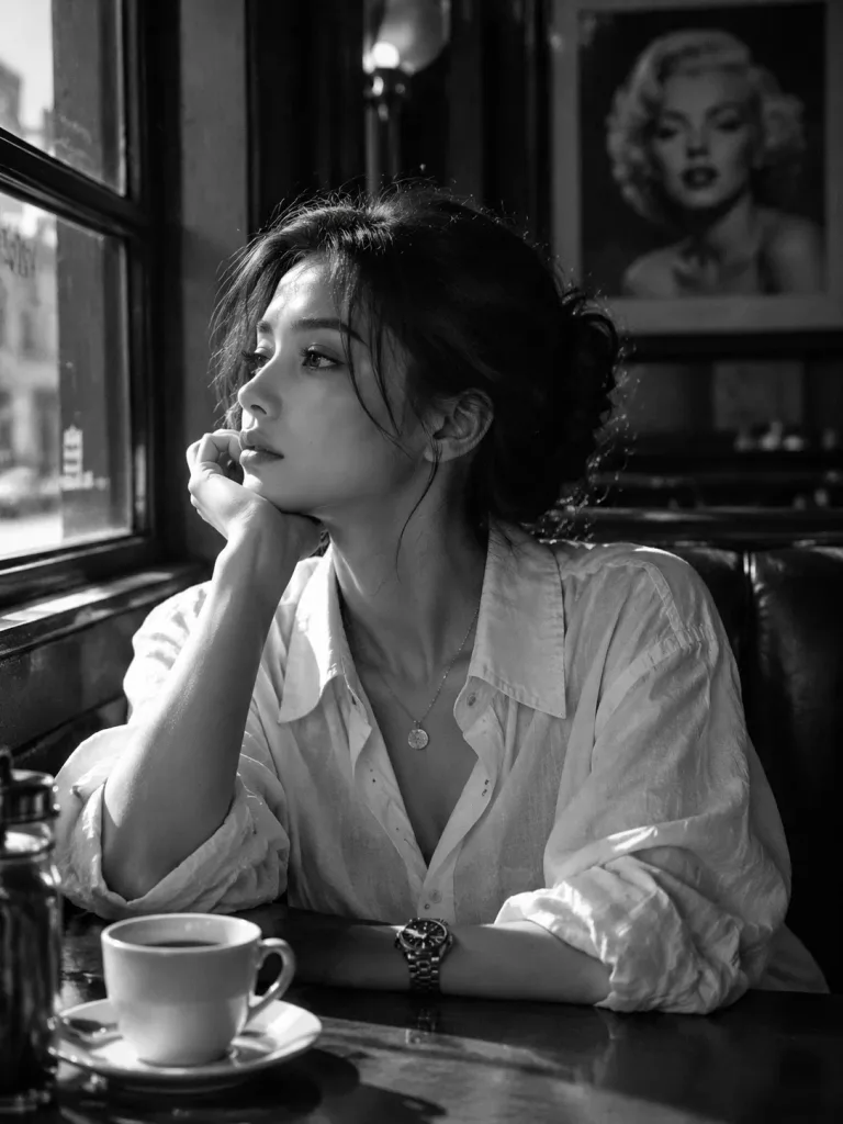 モノクロのフィルムノワール風カフェポートレート