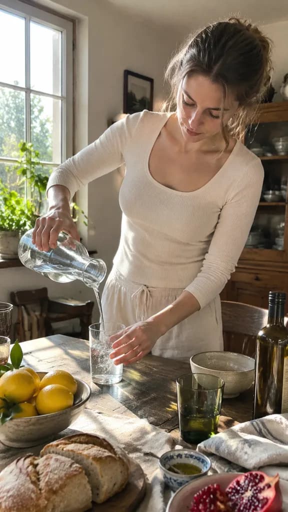 Candid Domestic Moment Pouring Water